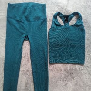 All In Motion | Teal Ribbed Knit Leggings and Sports Bra Set Size: L